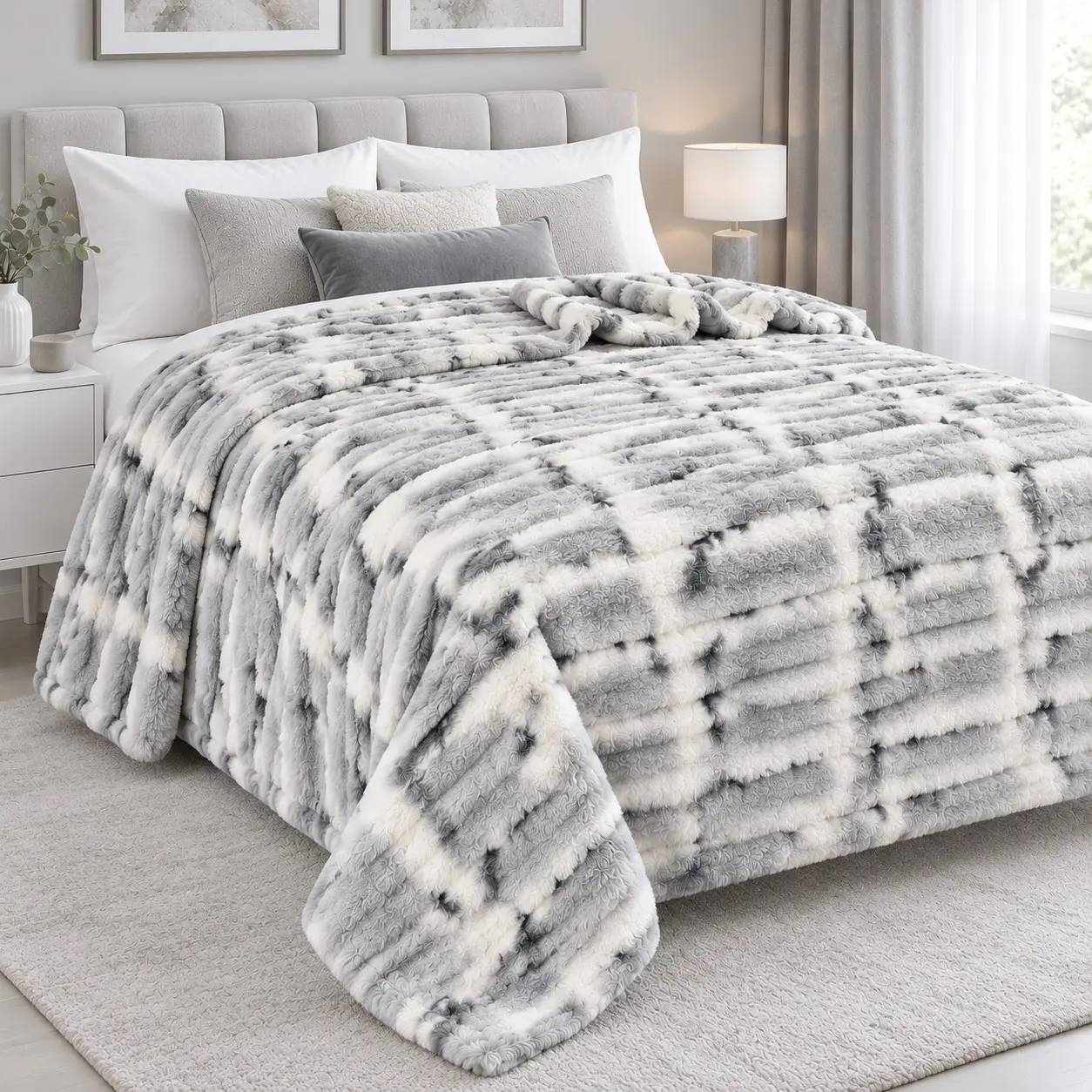 Κουβέρτα Fleece Γκρι με Λευκό Ανάγλυφο Σχέδιο 160×240cm