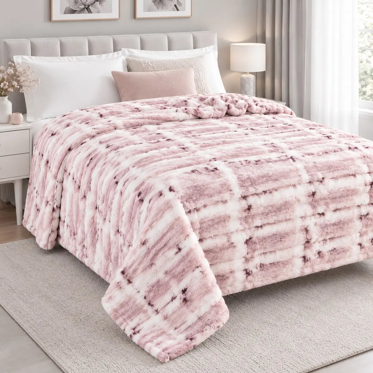 Κουβέρτα Fleece Ροζ με Λευκό Ανάγλυφο Σχέδιο 160×240cm