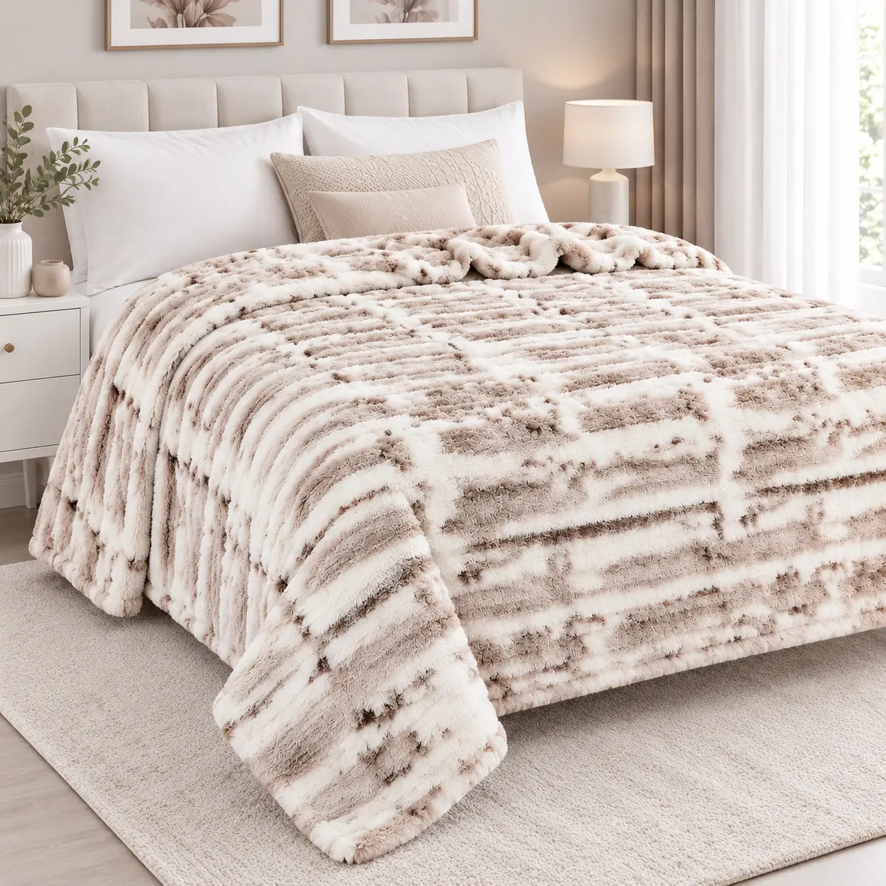 Κουβέρτα Fleece Μπεζ με Λευκό Ανάγλυφο Σχέδιο 160×240cm