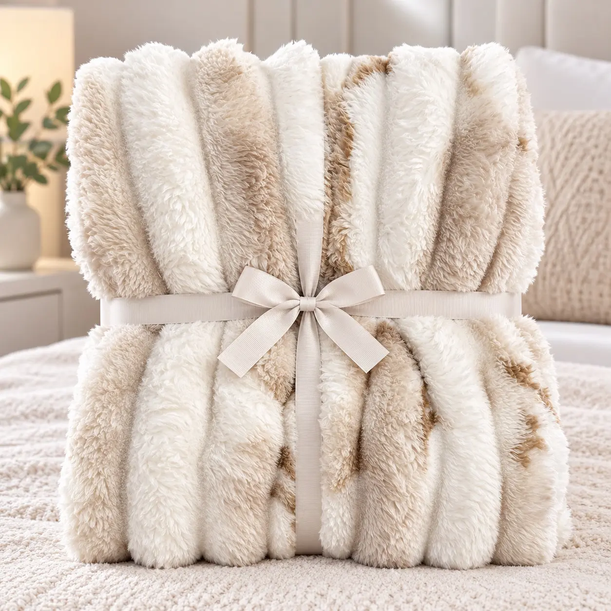 Κουβέρτα Fleece Μπεζ με Λευκό Ανάγλυφο Σχέδιο 160×240cm