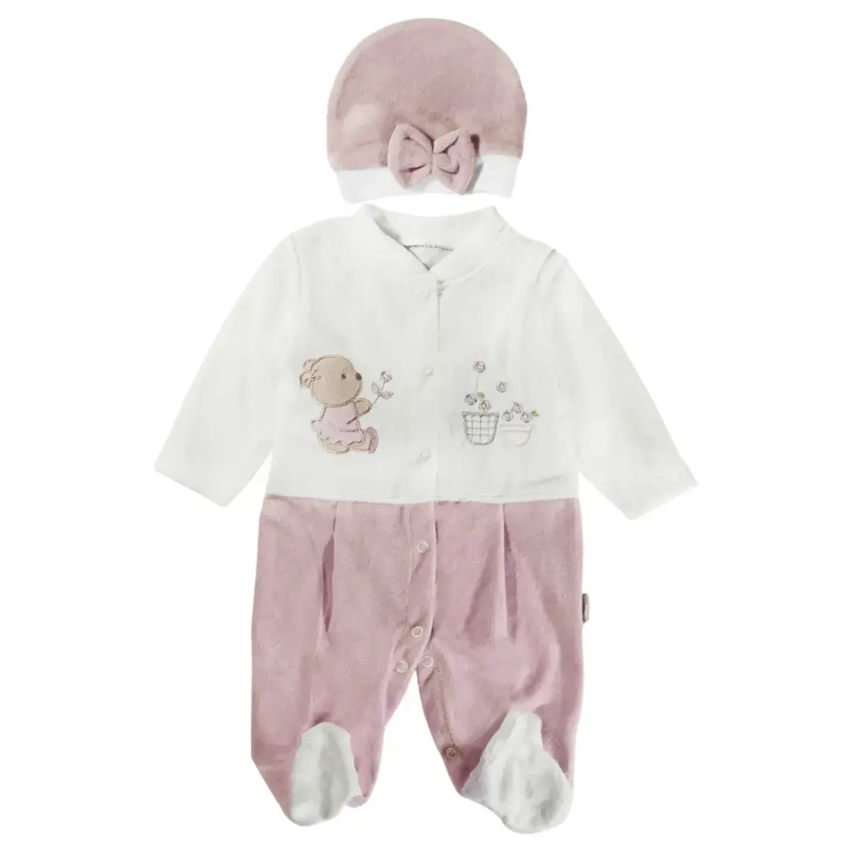 Ολόσωμο βελουτέ φορμάκι με σκουφάκι «Lovely Purple Teddy» 3-6 μηνών